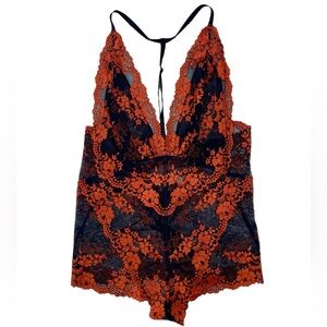 Wishlist Navy Orange Floral Lace Teddy Bodysuit Plunge Mesh Lingerie One-Piece